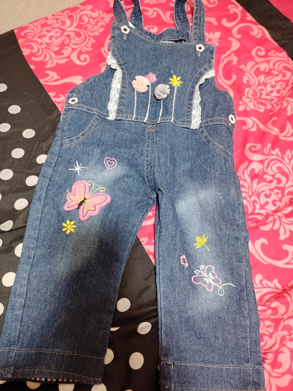 Denim Butterfly Embroidered Kids Overalls - Blue